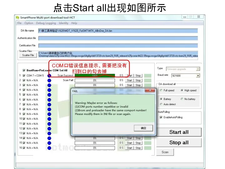 点击Start all出现如图所示 COM口错误信息提示、需要把没有扫到口的勾去掉