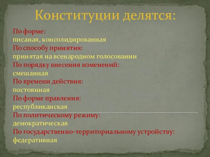 Конституции делятся: По форме: писаная, консолидированная По способу принятия: принятая на