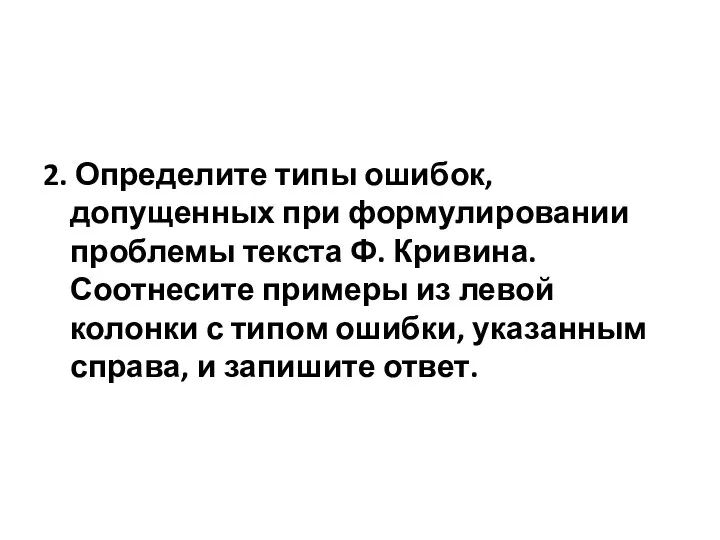 2. Определите типы ошибок, допущенных при формулировании проблемы текста Ф. Кривина.