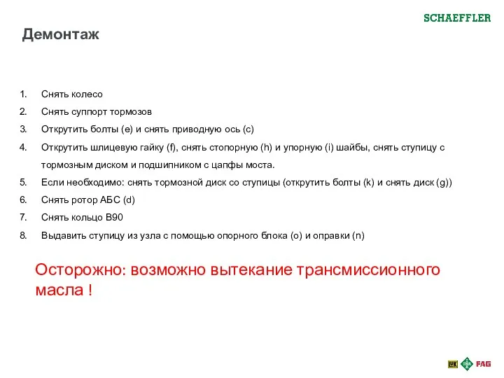 Демонтаж Снять колесо Снять суппорт тормозов Открутить болты (е) и снять