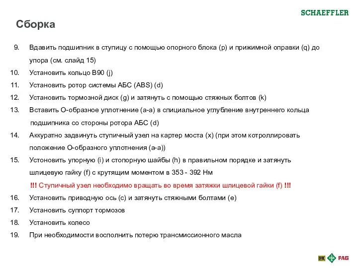 Сборка Вдавить подшипник в ступицу с помощью опорного блока (p) и