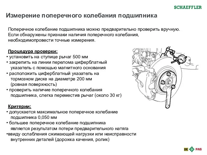 Измерение поперечного колебания подшипника Поперечное колебание подшипника можно предварительно проверить вручную.