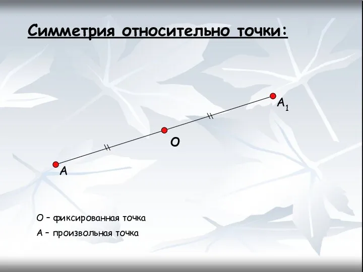 Симметрия относительно точки: О – фиксированная точка A – произвольная точка О А А1