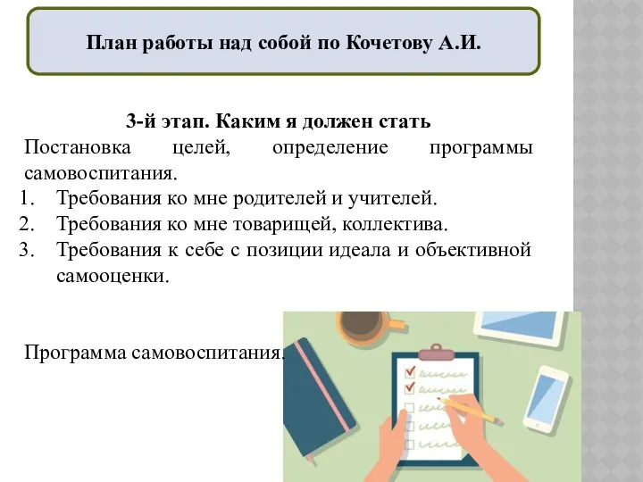 План работы над собой по Кочетову А.И. 3-й этап. Каким я