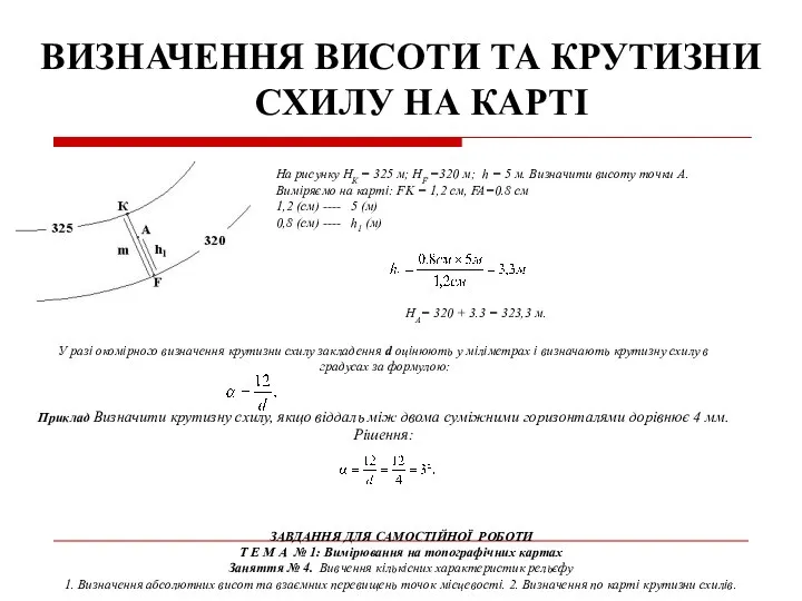 ВИЗНАЧЕННЯ ВИСОТИ ТА КРУТИЗНИ СХИЛУ НА КАРТІ На рисунку НК =