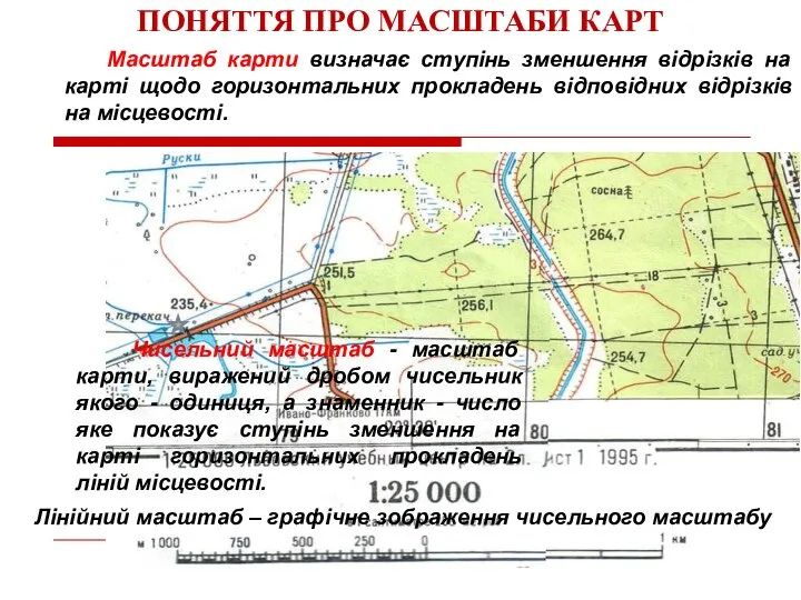 Масштаб карти визначає ступінь зменшення відрізків на карті щодо горизонтальних прокладень