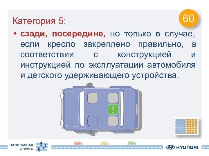 Категория 5: сзади, посередине, но только в случае, если кресло закреплено