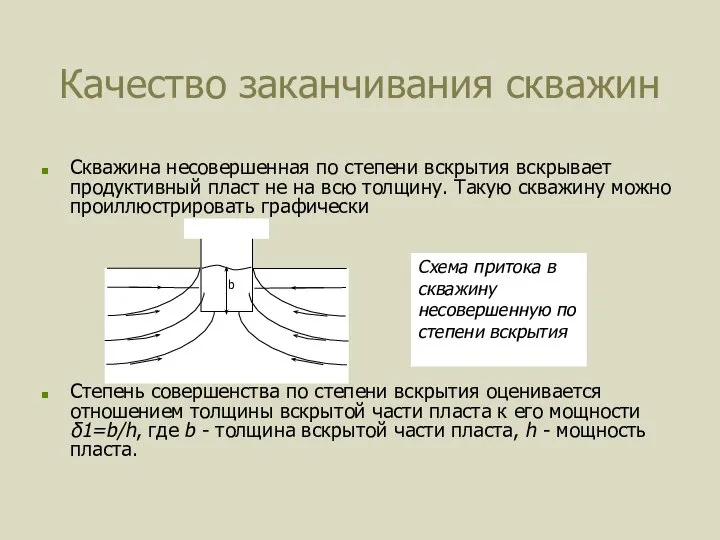 Качество заканчивания скважин Скважина несовершенная по степени вскрытия вскрывает продуктивный пласт