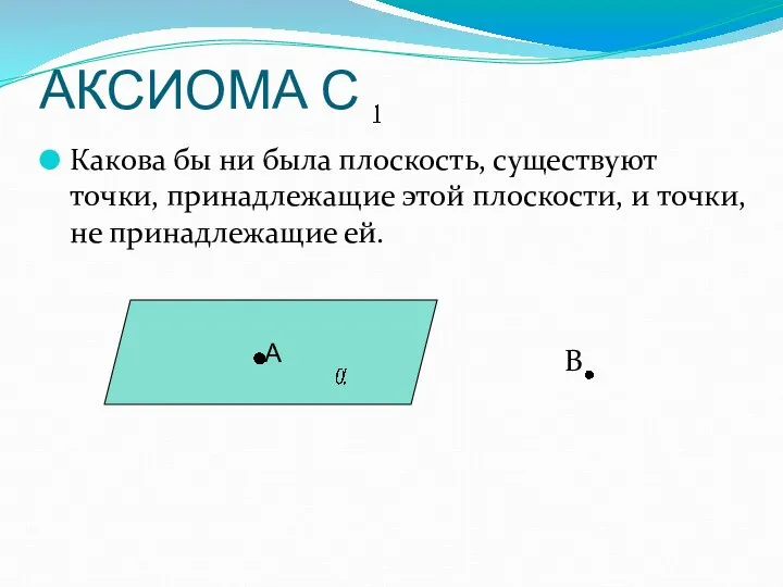 АКСИОМА С Какова бы ни была плоскость, существуют точки, принадлежащие этой