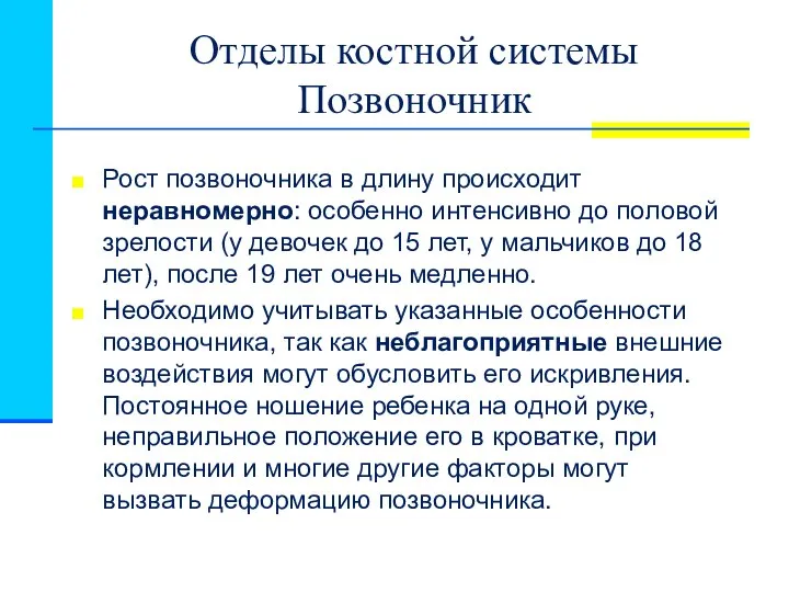 Отделы костной системы Позвоночник Рост позвоночника в длину происходит неравномерно: особенно