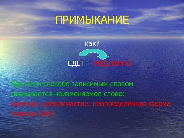 ПРИМЫКАНИЕ как? ЕДЕТ МЕДЛЕННО При этом способе зависимым словом оказывается неизменяемое