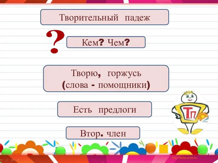 Творительный падеж Творю, горжусь (слова - помощники) Есть предлоги Втор. член