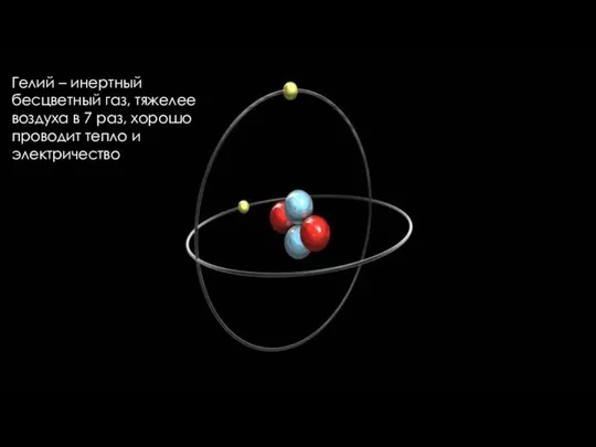 Гелий – инертный бесцветный газ, тяжелее воздуха в 7 раз, хорошо проводит тепло и электричество