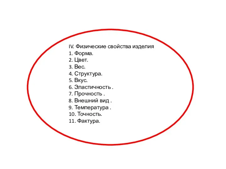 IV. Физические свойства изделия 1. Форма. 2. Цвет. 3. Вес. 4.