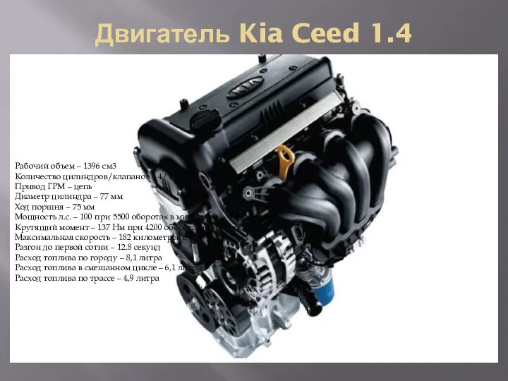 Двигатель Kia Ceed 1.4 Рабочий объем – 1396 см3 Количество цилиндров/клапанов