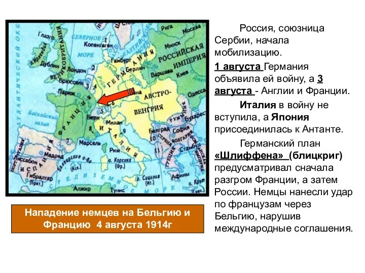 Россия, союзница Сербии, начала мобилизацию. 1 августа Германия объявила ей войну,