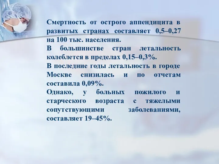 Смертность от острого аппендицита в развитых странах составляет 0,5–0,27 на 100