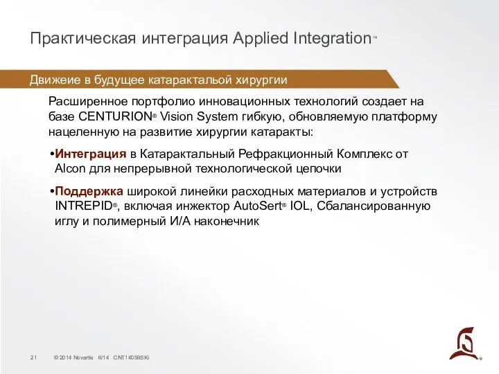 Движеие в будущее катарактальой хирургии Практическая интеграция Applied Integration™ Расширенное портфолио