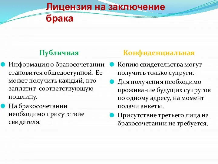 Лицензия на заключение брака Публичная Конфиденциальная Информация о бракосочетании становится общедоступной.