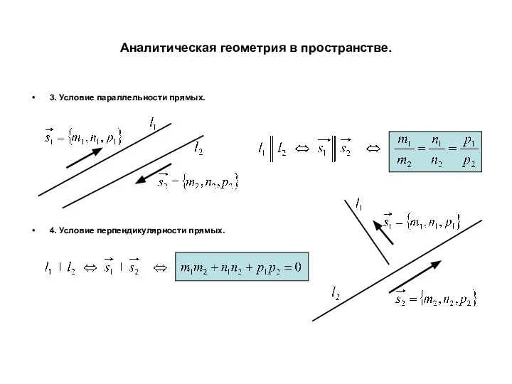 Аналитическая геометрия в пространстве. 3. Условие параллельности прямых. 4. Условие перпендикулярности прямых.