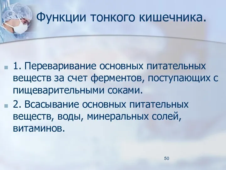 Функции тонкого кишечника. 1. Переваривание основных питательных веществ за счет ферментов,