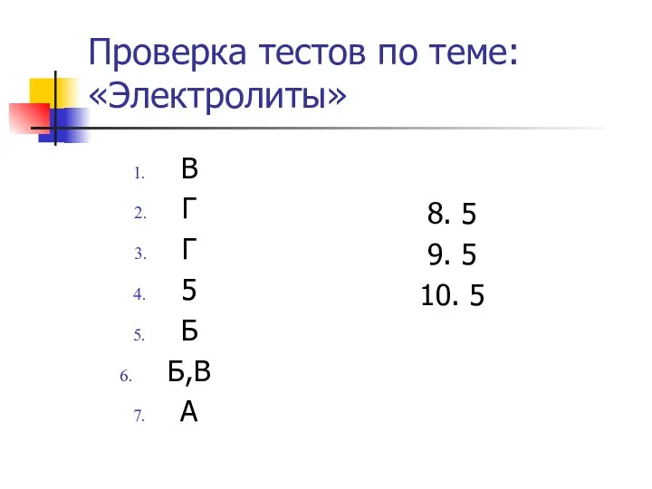 Проверка тестов по теме: «Электролиты» В Г Г 5 Б Б,В