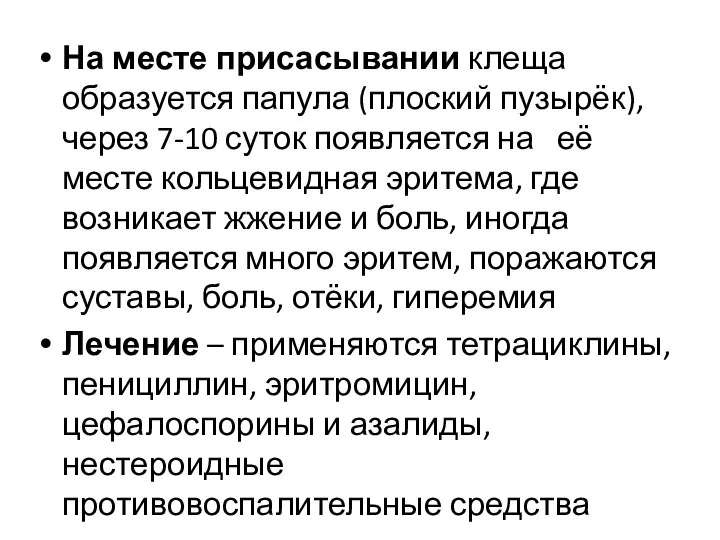 На месте присасывании клеща образуется папула (плоский пузырёк), через 7-10 суток