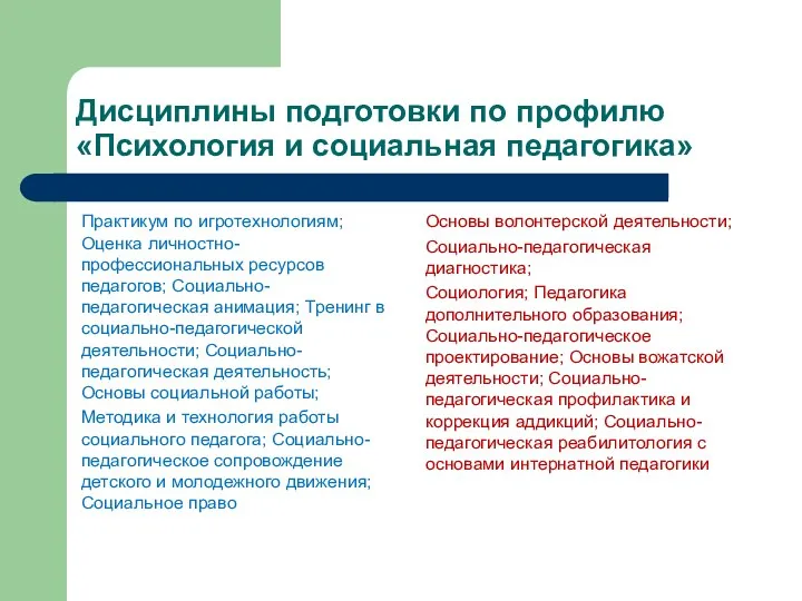 Дисциплины подготовки по профилю «Психология и социальная педагогика» Практикум по игротехнологиям;