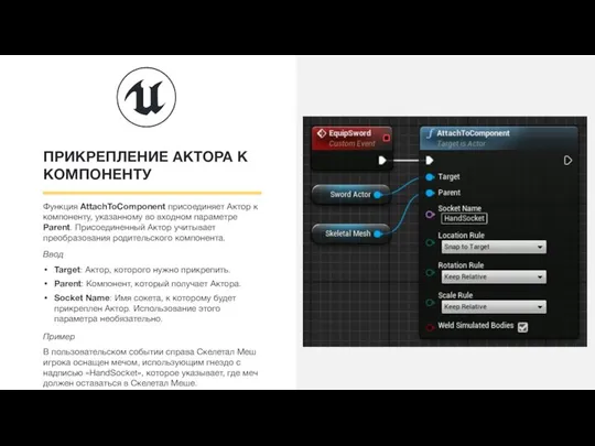 ПРИКРЕПЛЕНИЕ АКТОРА К КОМПОНЕНТУ Функция AttachToComponent присоединяет Aктор к компоненту, указанному