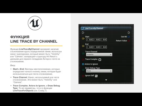 ФУНКЦИЯ LINE TRACE BY CHANNEL Функция LineTraceByChannel проверяет наличие столкновения вдоль