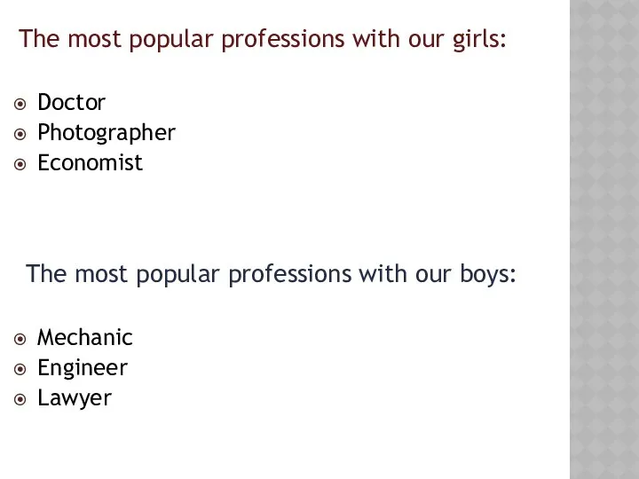 The most popular professions with our girls: Doctor Photographer Economist The