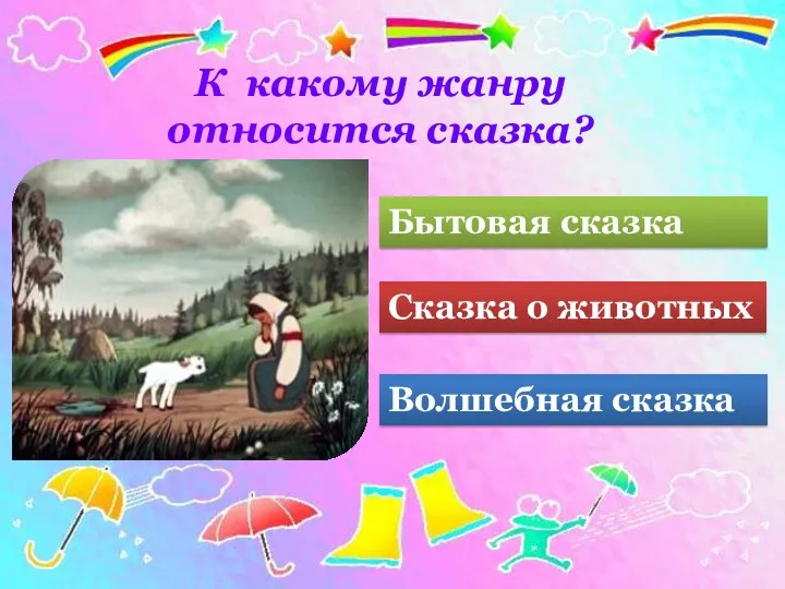 Волшебная сказка К какому жанру относится сказка? Бытовая сказка Сказка о животных