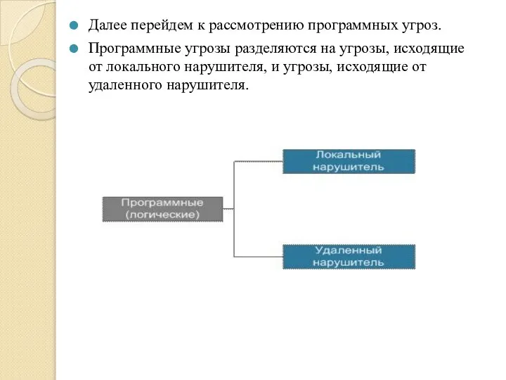 Далее перейдем к рассмотрению программных угроз. Программные угрозы разделяются на угрозы,