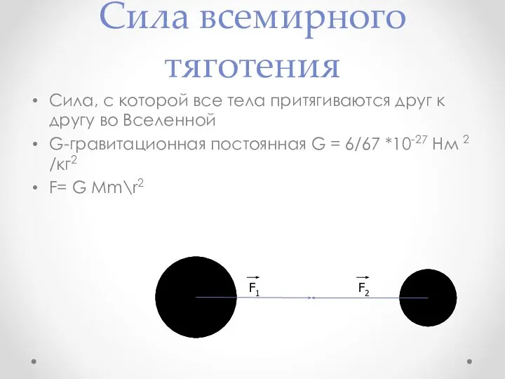 Сила всемирного тяготения Сила, с которой все тела притягиваются друг к