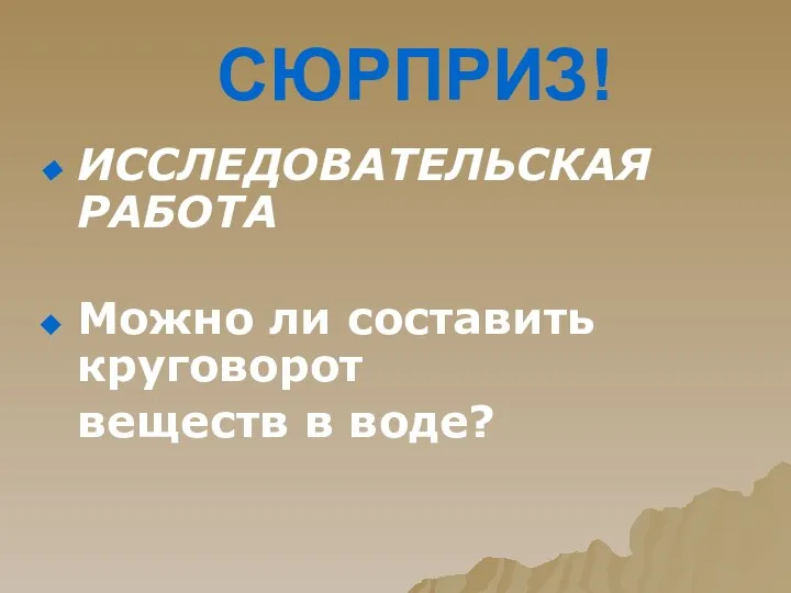 СЮРПРИЗ! ИССЛЕДОВАТЕЛЬСКАЯ РАБОТА Можно ли составить круговорот веществ в воде?