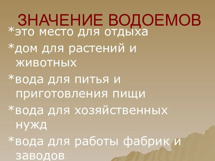 ЗНАЧЕНИЕ ВОДОЕМОВ *это место для отдыха *дом для растений и животных