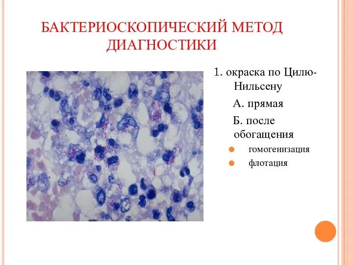 БАКТЕРИОСКОПИЧЕСКИЙ МЕТОД ДИАГНОСТИКИ 1. окраска по Цилю-Нильсену А. прямая Б. после обогащения гомогенизация флотация