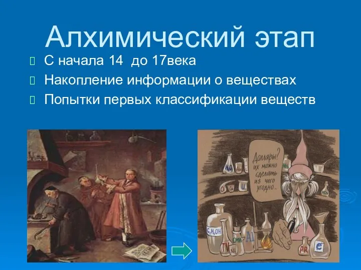 Алхимический этап С начала 14 до 17века Накопление информации о веществах Попытки первых классификации веществ