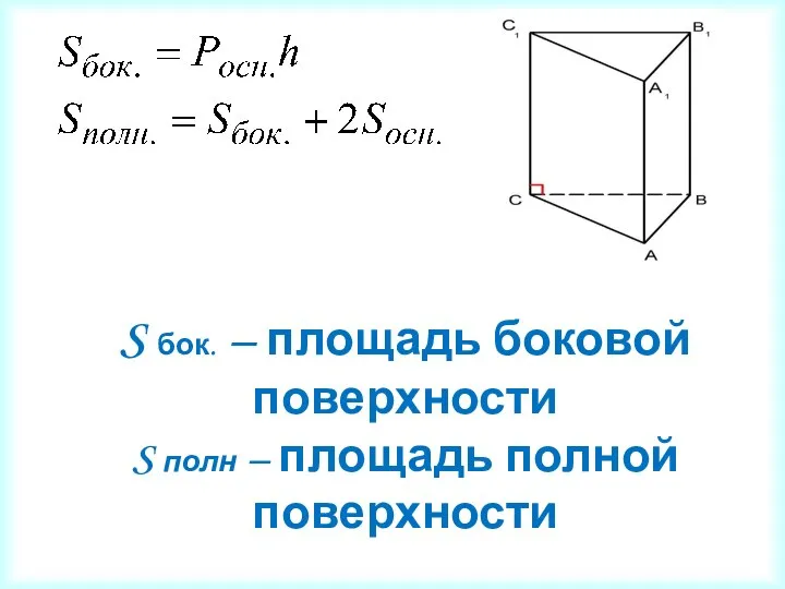 S бок. – площадь боковой поверхности S полн – площадь полной поверхности