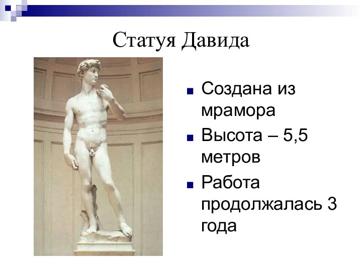 Статуя Давида Создана из мрамора Высота – 5,5 метров Работа продолжалась 3 года