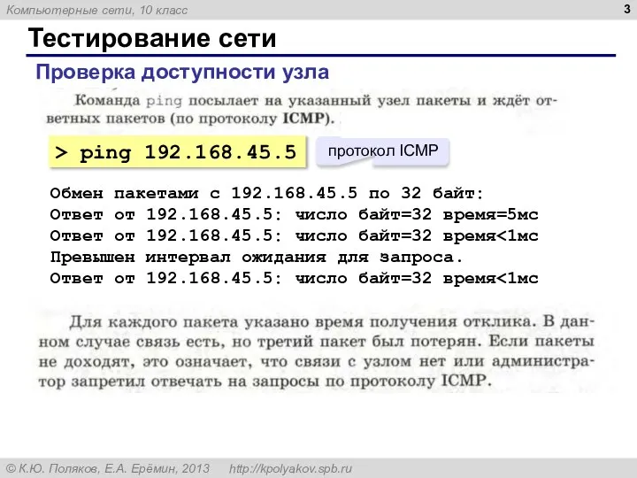 Тестирование сети Проверка доступности узла > ping 192.168.45.5 Обмен пакетами с