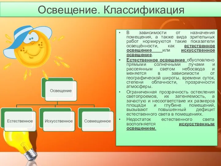 Освещение. Классификация В зависимости от назначения помещения, а также вида зрительных