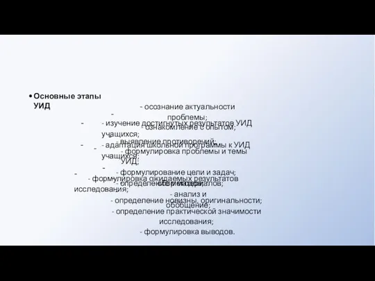 Основные этапы УИД - - осознание актуальности проблемы; - ознакомление с