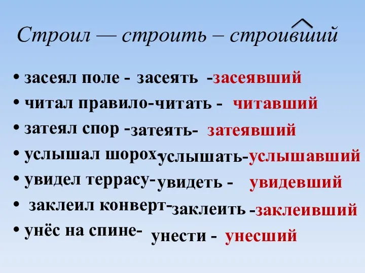 Строил — строить – строивший засеял поле - читал правило- затеял