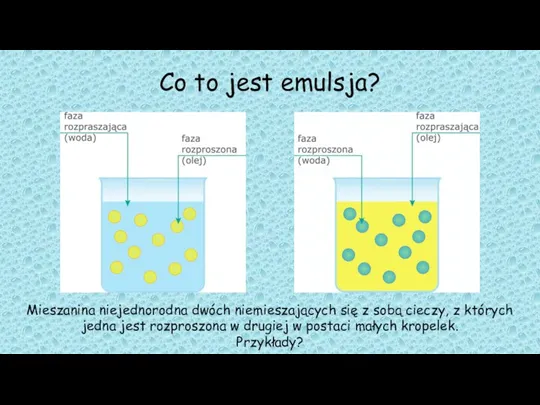 Co to jest emulsja? Mieszanina niejednorodna dwóch niemieszających się z sobą