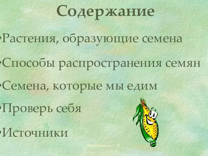 Филиппенкова С.В. Содержание Растения, образующие семена Способы распространения семян Семена, которые мы едим Проверь себя Источники