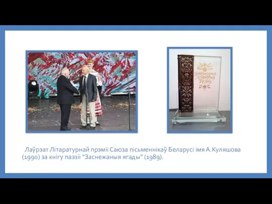 Лаўрэат Літаратурнай прэміі Саюза пісьменнікаў Беларусі імя А.Куляшова (1990) за кнігу паэзіі “Заснежаныя ягады” (1989).