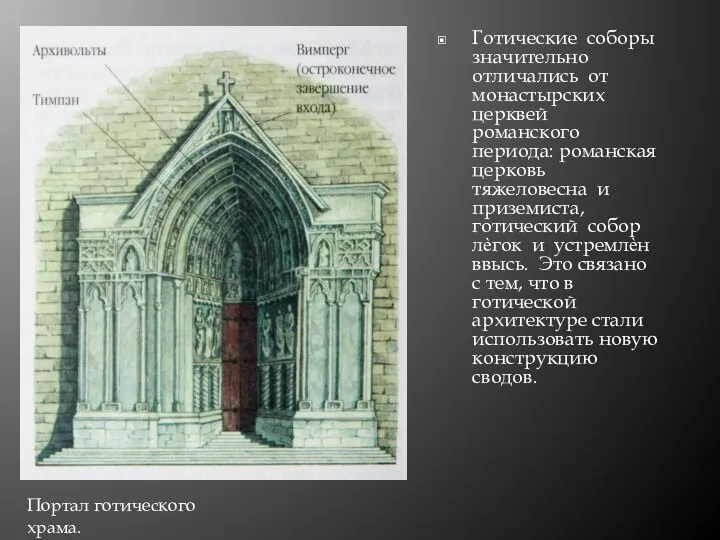Готические соборы значительно отличались от монастырских церквей романского периода: романская церковь