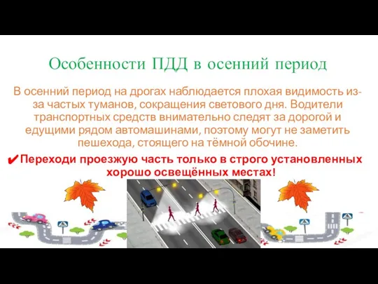 Особенности ПДД в осенний период В осенний период на дрогах наблюдается