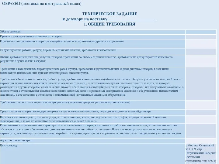 ОБРАЗЕЦ (поставка на центральный склад) ТЕХНИЧЕСКОЕ ЗАДАНИЕ к договору на поставку ______________________. 1. ОБЩИЕ ТРЕБОВАНИЯ